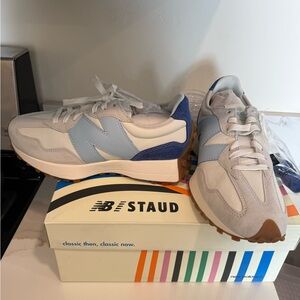 New Balance x Staud White and Blue Sneakers